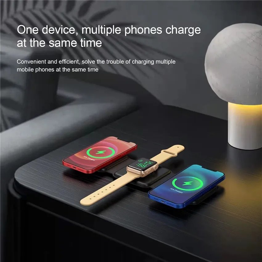 3 In 1 Foldable magnetic Fast Charging Station Pad 15W Wireless Charger Stand Dock For iPhone 14 13 for Apple Watch 8 7 earphone