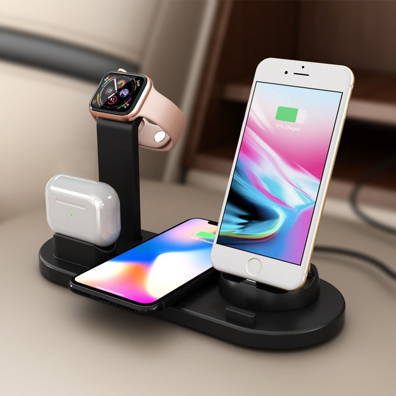 Smart Portable Phone Holder Watch Fast Wireless Charging Station Pad Dock 10w Wireless Charger Stand ABS 5 in 1 Earphone