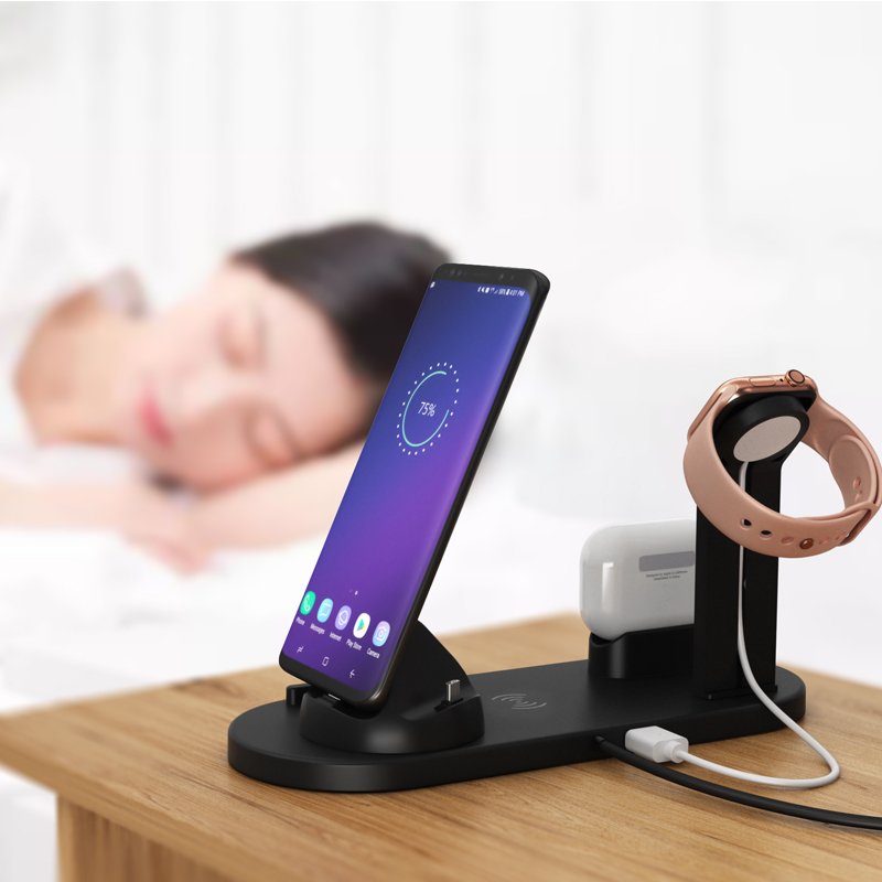 Smart Portable Phone Holder Watch Fast Wireless Charging Station Pad Dock 10w Wireless Charger Stand ABS 5 in 1 Earphone