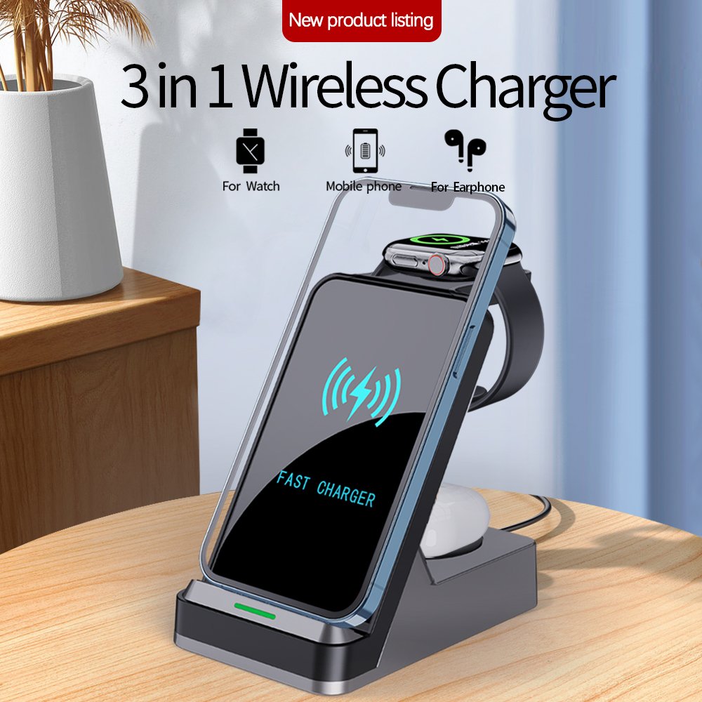 3 in 1 wireless Charger Stand Qi 15w Fast Desk Wireless Charger For Phone Smart Watch Aaipods