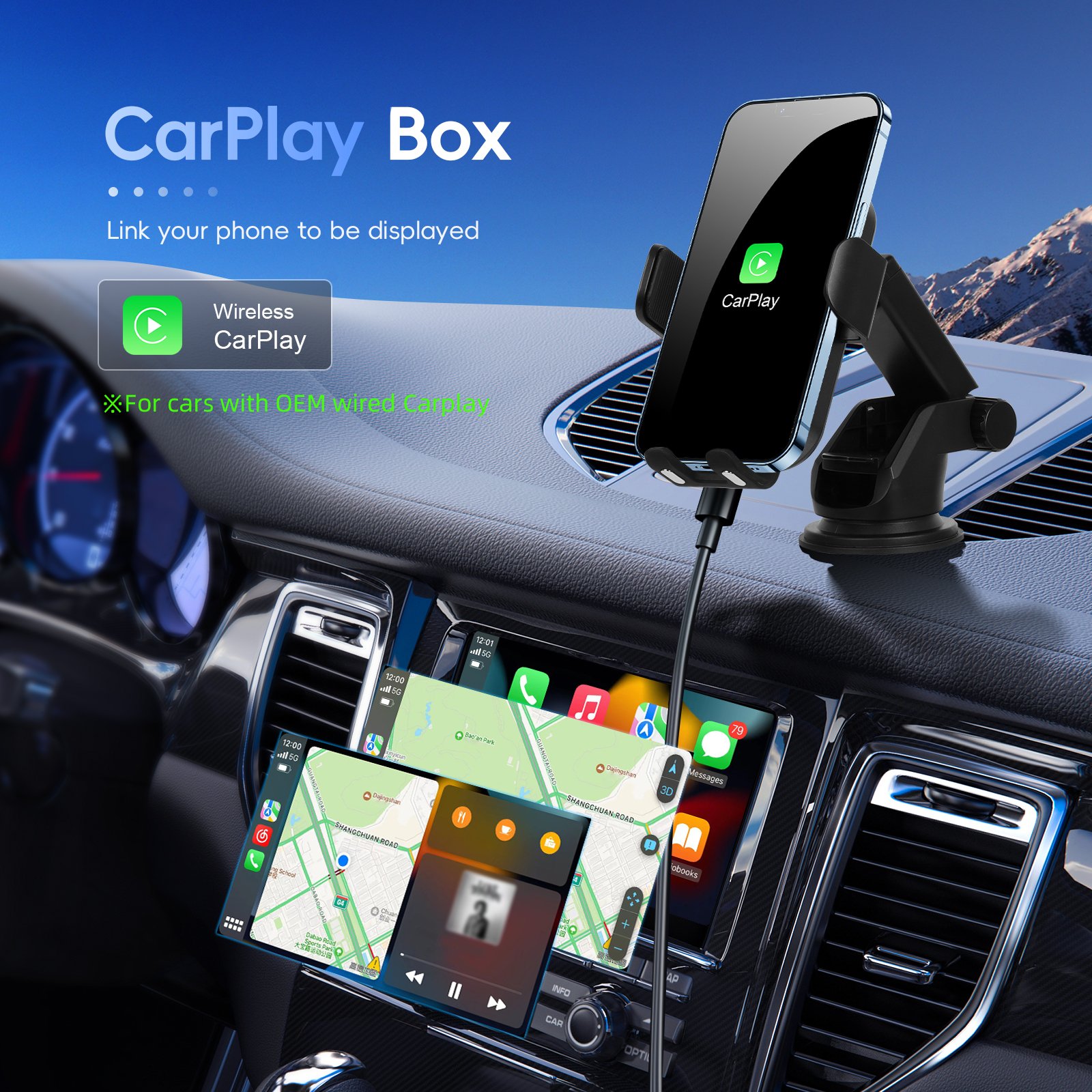 Podofo 15W Wireless Car Charger with Carplay For iPhone XIAOMI Samsung Android Auto Fast Charger 360 Rotating Phone Holder