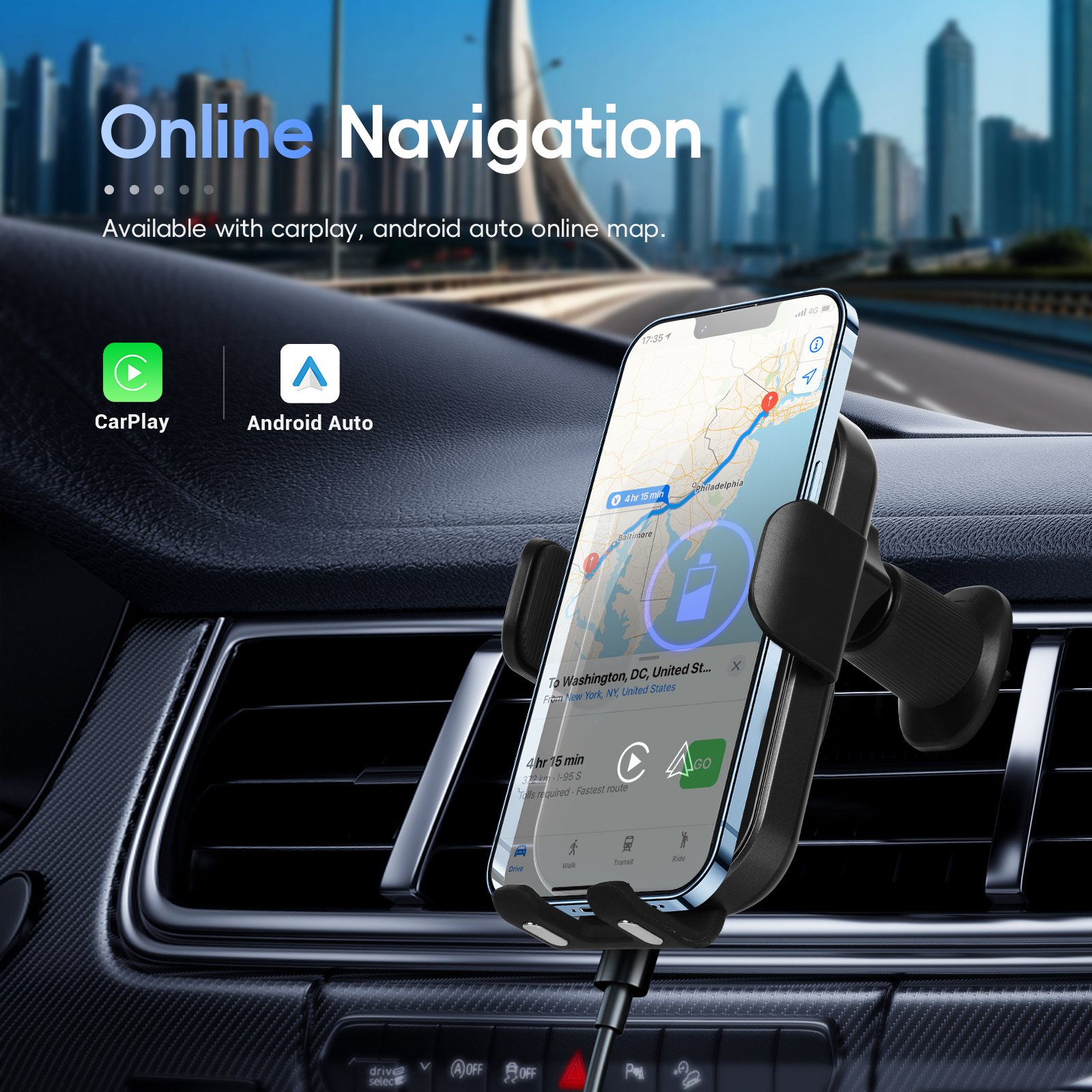 Podofo 15W Wireless Car Charger with Carplay For iPhone XIAOMI Samsung Android Auto Fast Charger 360 Rotating Phone Holder