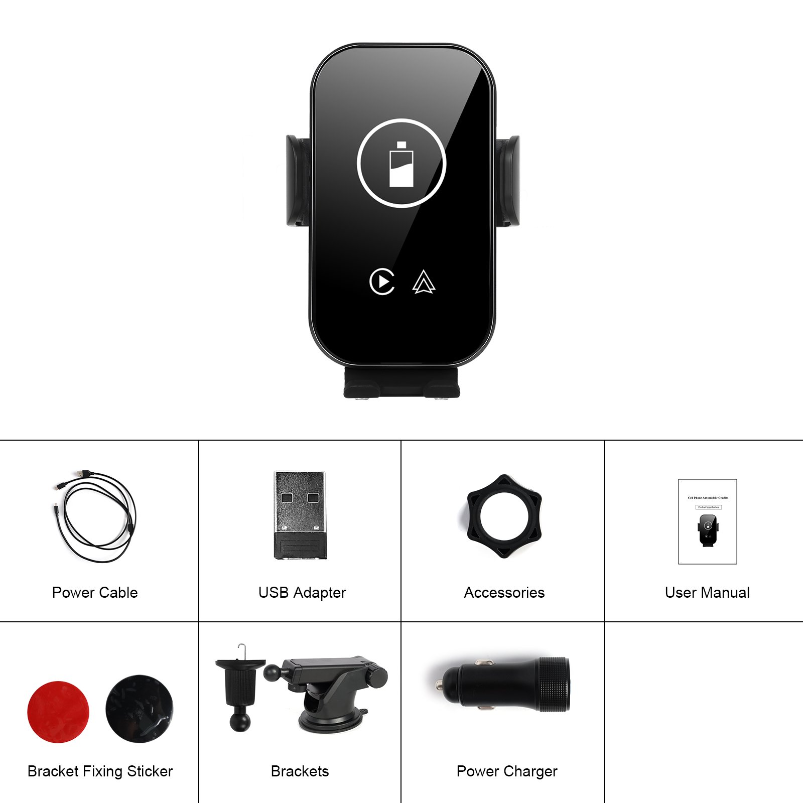 Podofo 15W Wireless Car Charger with Carplay For iPhone XIAOMI Samsung Android Auto Fast Charger 360 Rotating Phone Holder