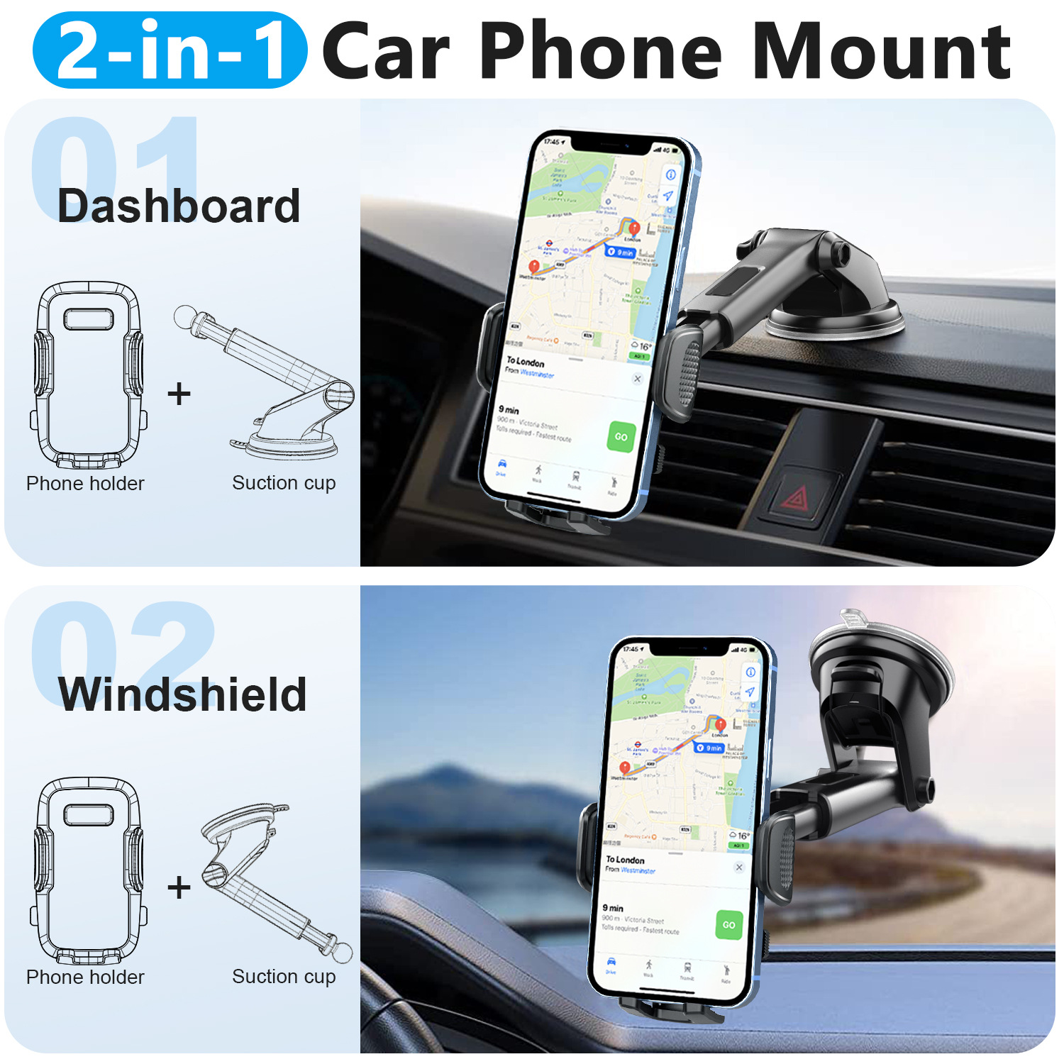Hot selling 360 degree adjustable multifunctional mobile phone holder car windshield dashboard holder smart car phone holder