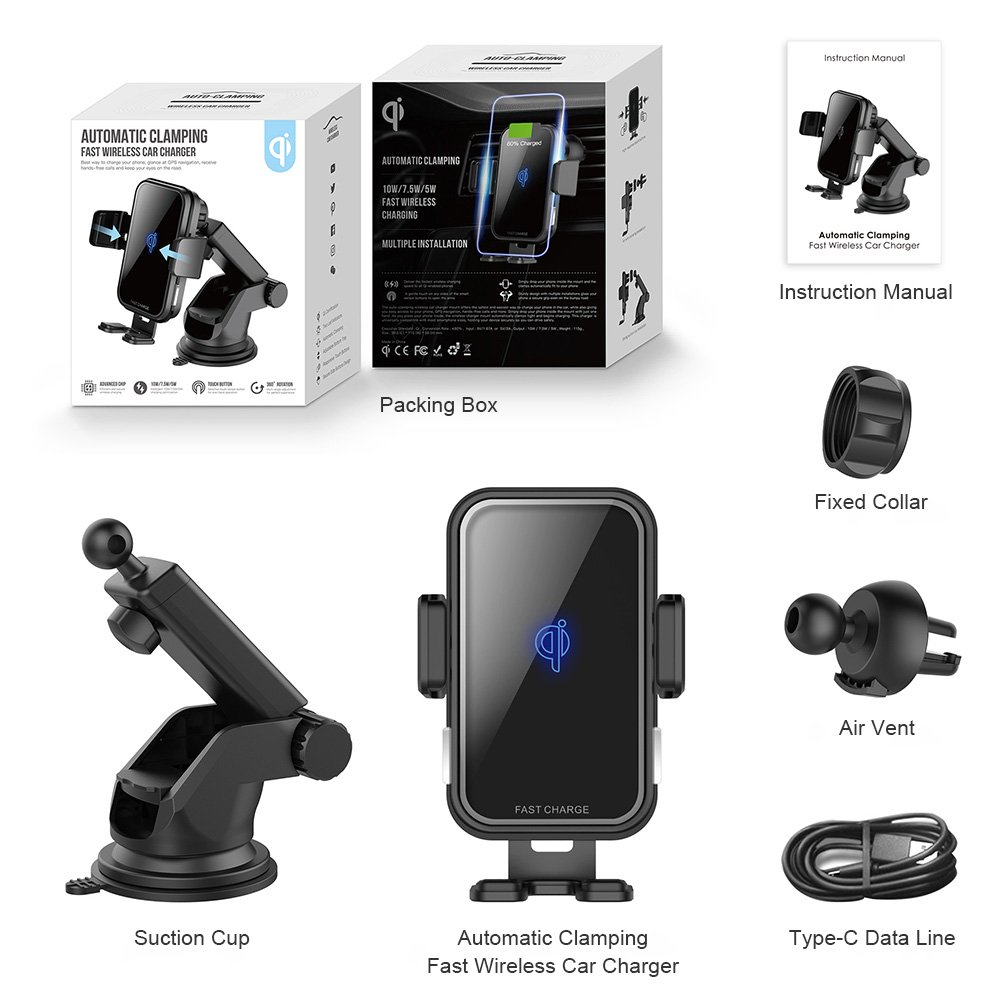 15W Fast Charging Auto Clamping Phone Mount Holder Wireless Car Charger for iPhone 15 14 13 12 11 Pro Max Samsung