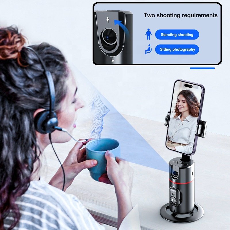 No App Required Rechargeable 360 Rotation Auto Face Tracking Phone Holder with Remote Shutter for Live Vlog Streaming Video