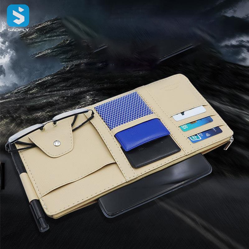 car sun visor organizer Pu leather car visor hanging pocket pouch Glasses Clip card paper pen holder