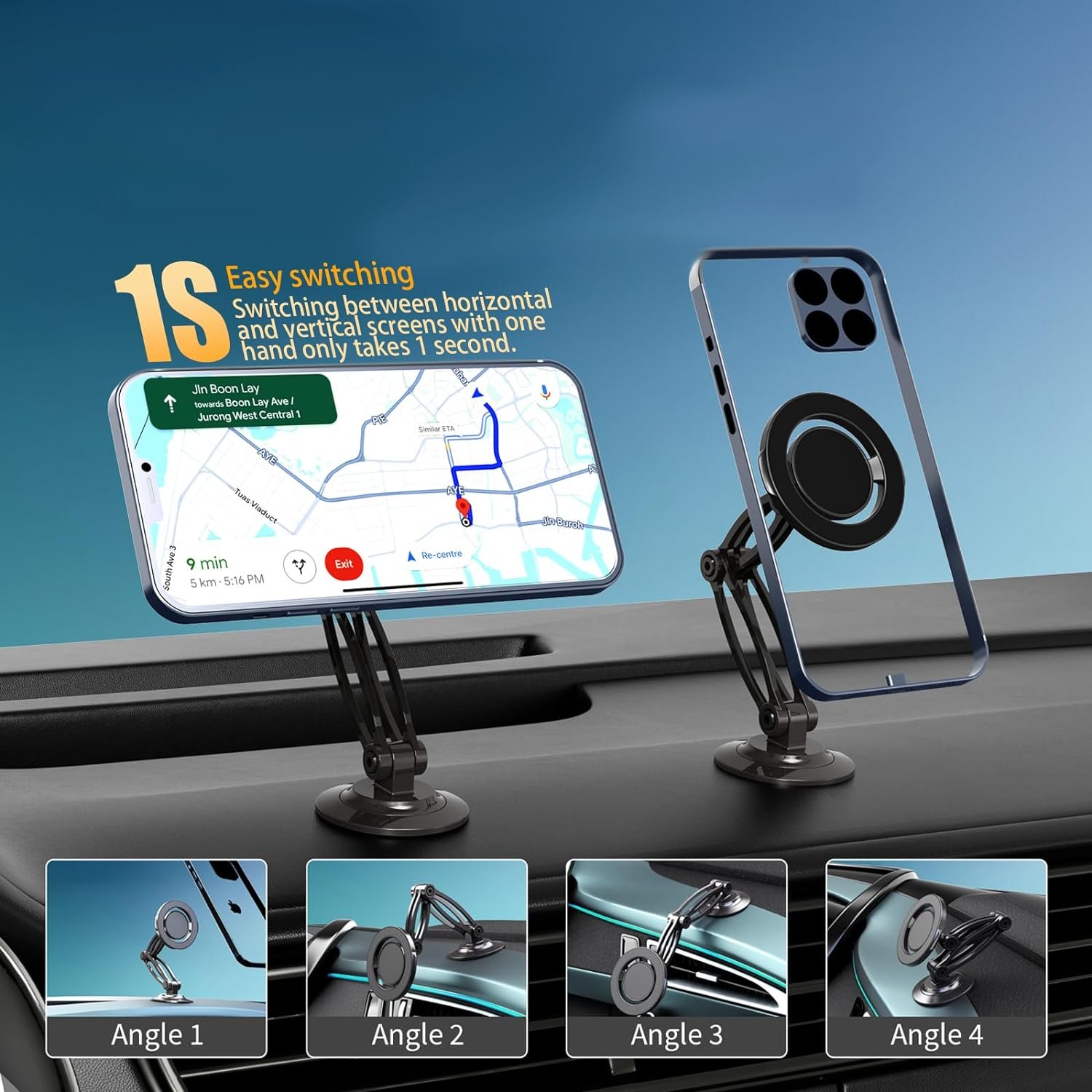 Suitable for car magnetic phone holder with metal ring 360 rotation adjustable double folding arm super magnet super stable