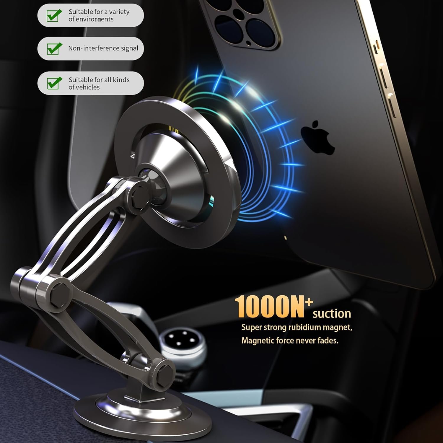 Suitable for car magnetic phone holder with metal ring 360 rotation adjustable double folding arm super magnet super stable