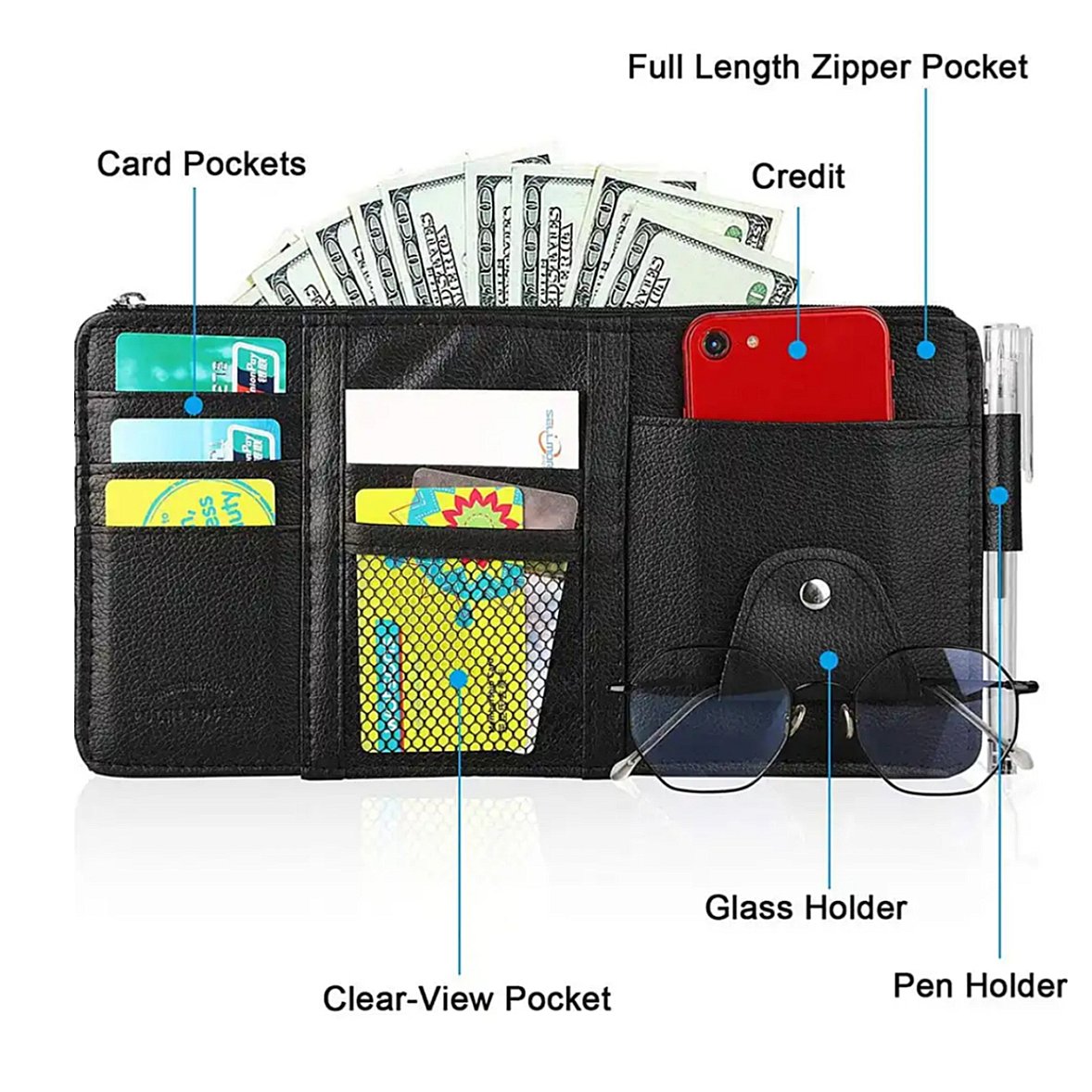 High Quality Car Sun Visor Organizer Pu Leather Car Visor Hanging Pocket Pouch Glasses Clip Card Pen Holder Multi Pockets