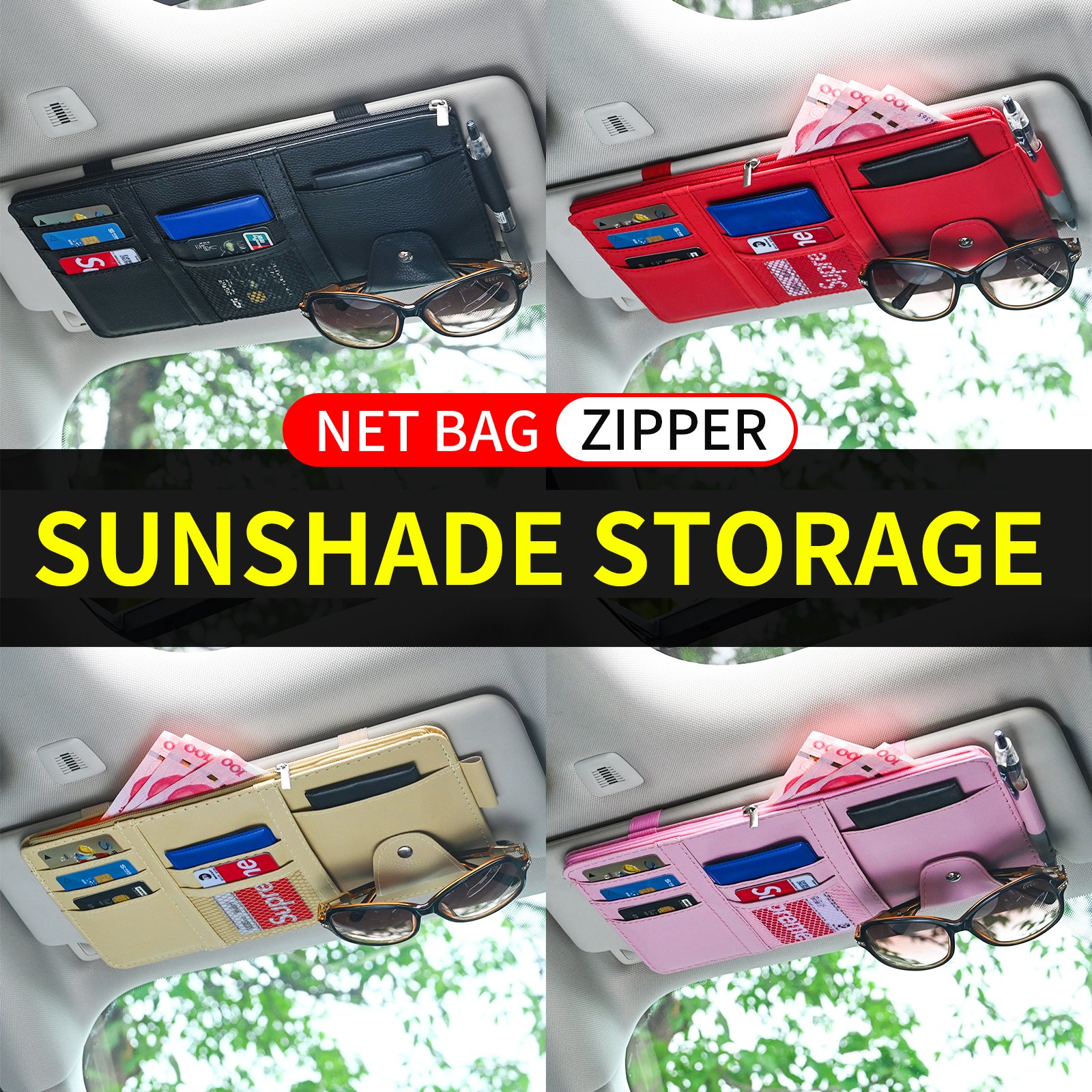 High Quality Car Sun Visor Organizer Pu Leather Car Visor Hanging Pocket Pouch Glasses Clip Card Pen Holder Multi Pockets