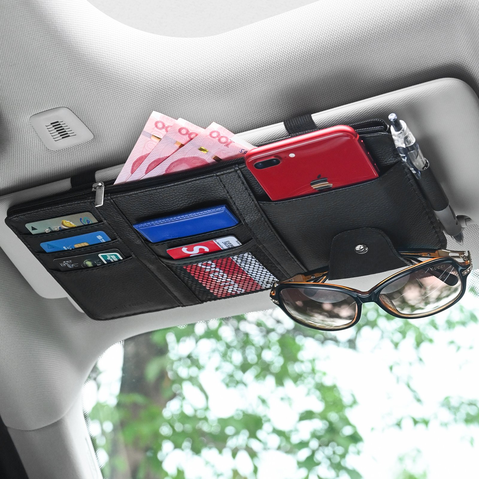 High Quality Car Sun Visor Organizer Pu Leather Car Visor Hanging Pocket Pouch Glasses Clip Card Pen Holder Multi Pockets