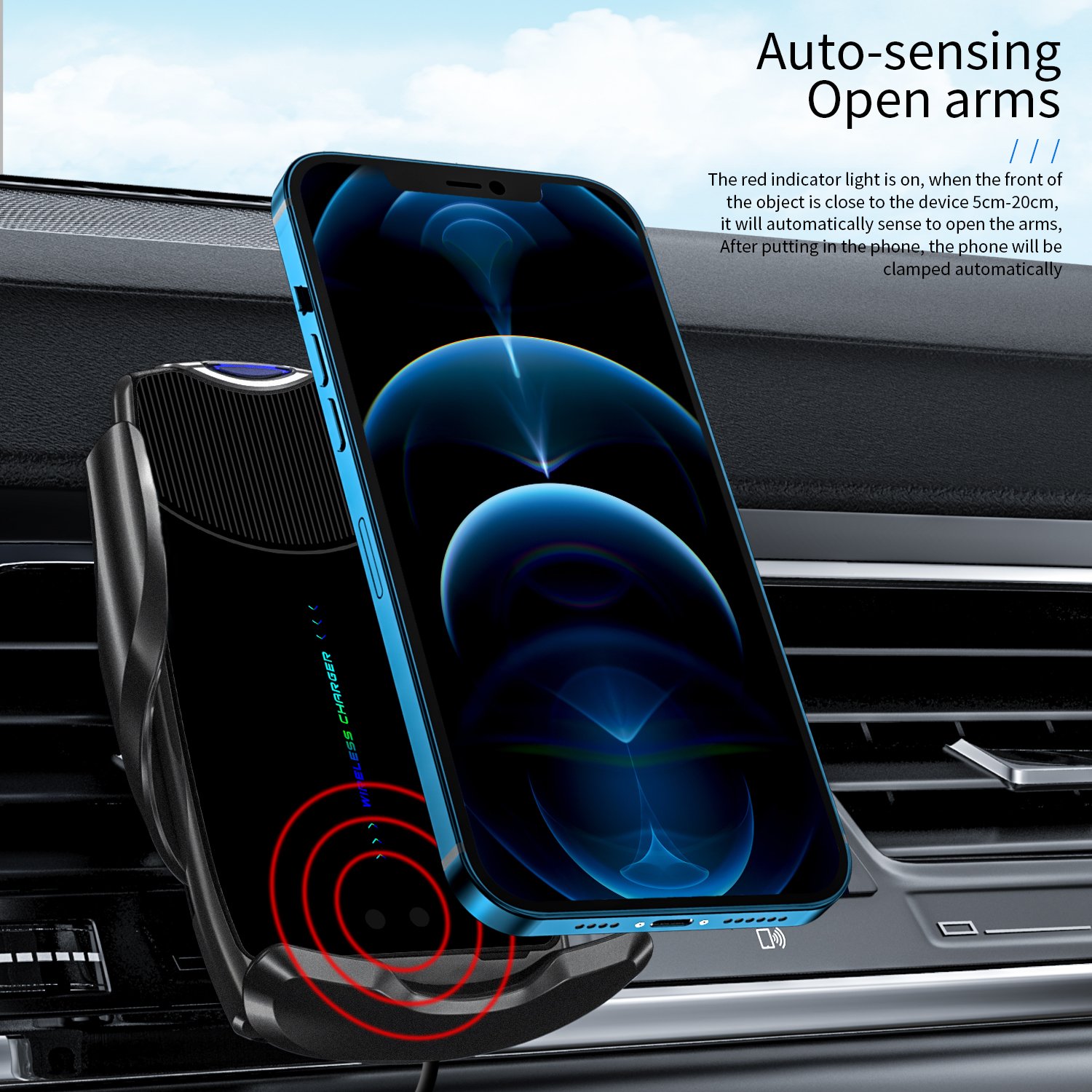 High Quality 9V 1.67A Glass Car phone Type c Port Faster 10W Qi Standard C2 Wireless Car Charger Auto Phone Holder With CE