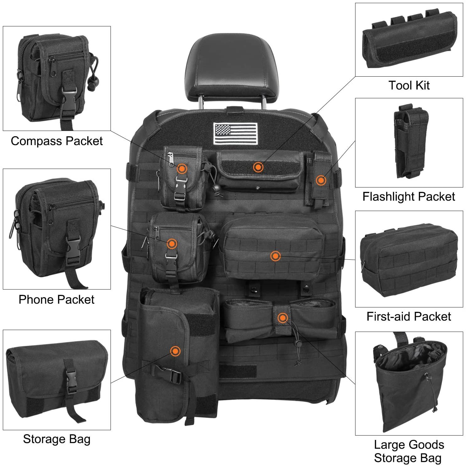 BSCI Supplier Multiple Pockets Universal Tactical Cover Molle Car Seat Organizer