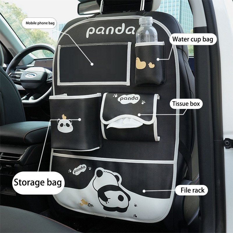 Car Travel Interior Accessories Leather Panda Cartoon Multifunctional Car Backseat Organizer With Tablet Holder And Cup Holder