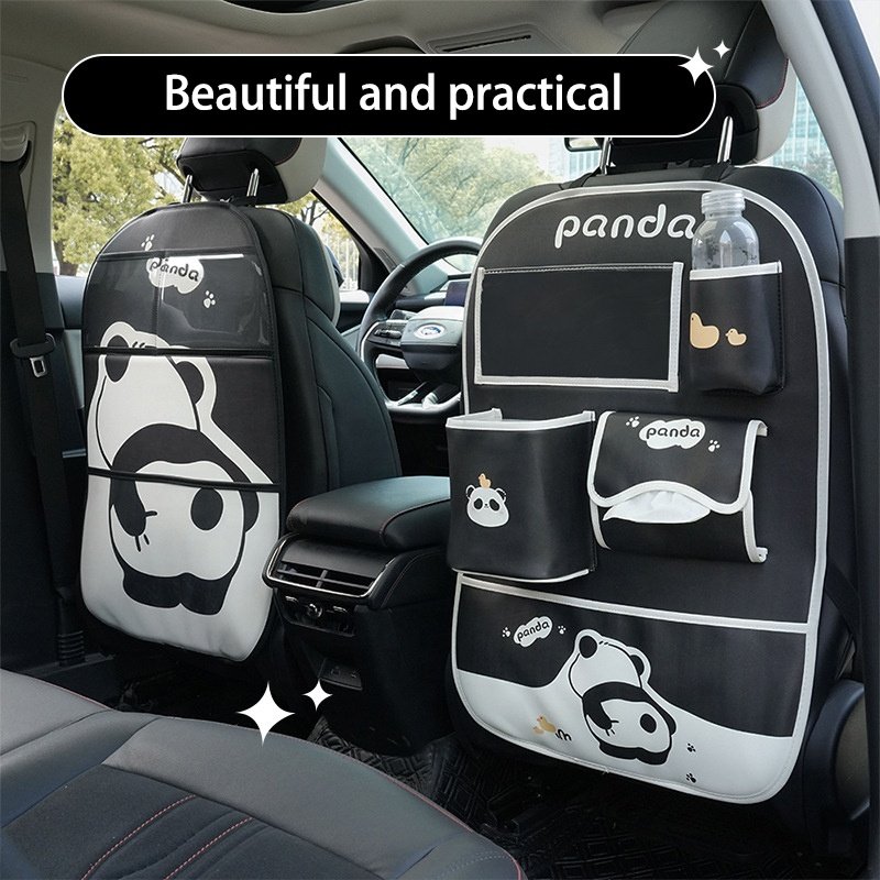 Car Travel Interior Accessories Leather Panda Cartoon Multifunctional Car Backseat Organizer With Tablet Holder And Cup Holder