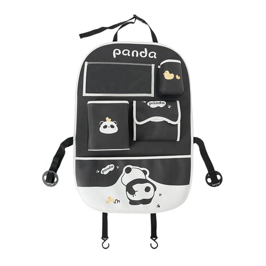Car Travel Interior Accessories Leather Panda Cartoon Multifunctional Car Backseat Organizer With Tablet Holder And Cup Holder