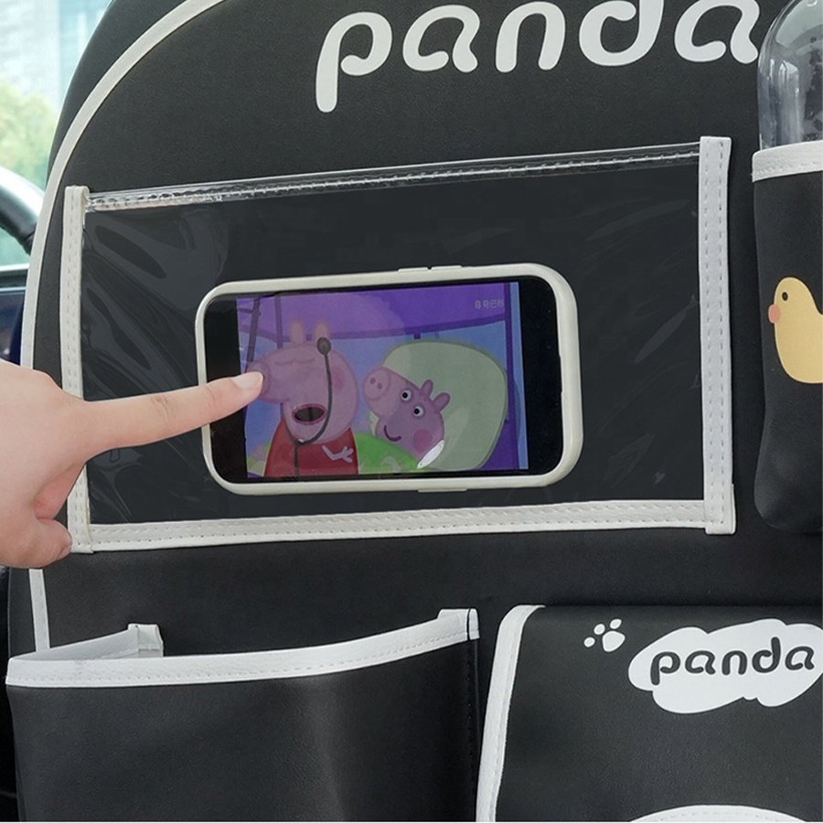 Car Travel Interior Accessories Leather Panda Cartoon Multifunctional Car Backseat Organizer With Tablet Holder And Cup Holder
