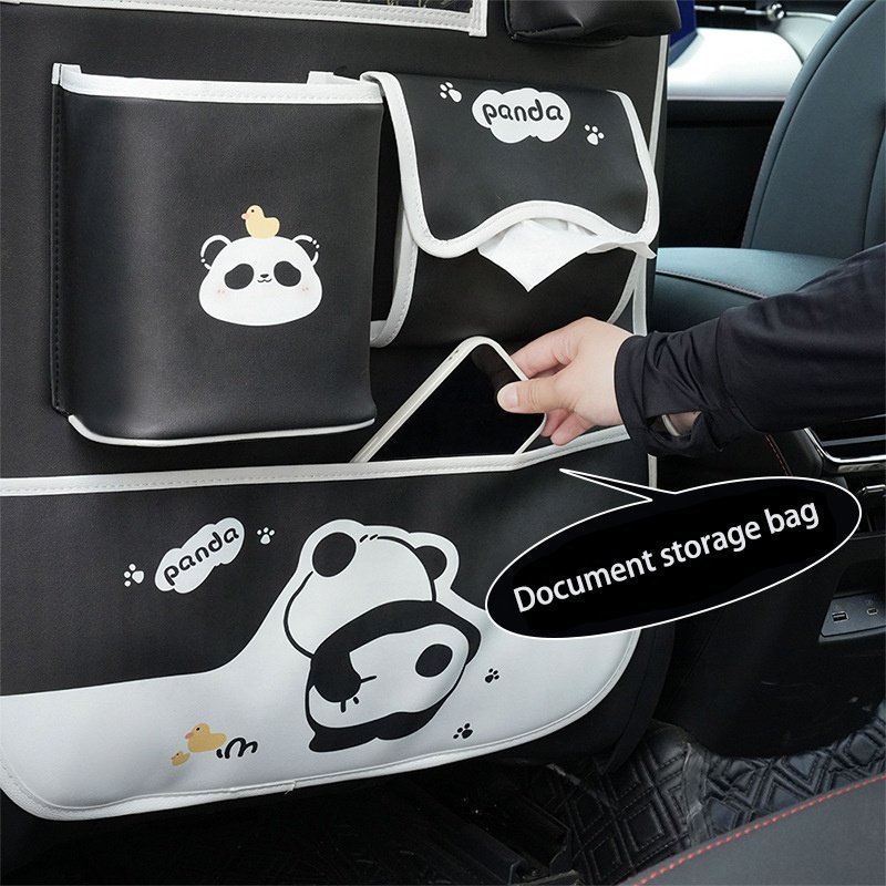 Car Travel Interior Accessories Leather Panda Cartoon Multifunctional Car Backseat Organizer With Tablet Holder And Cup Holder