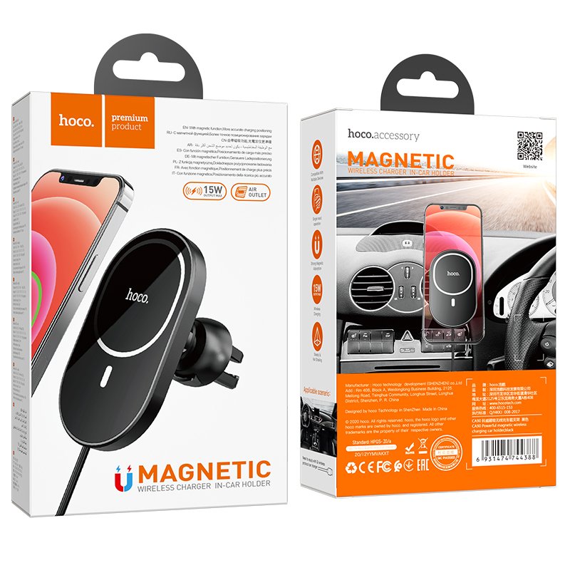 HOCO CA90 15W Powerful Magnetic Wireless Fast Charging Car Charger Mobile Phone Holder
