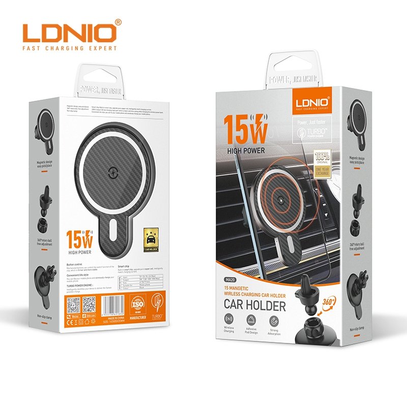 LDNIO MA20-1 Top Seller 2023 Magnet phone car mount wireless charger cell phone magnetic car holder with metal Ring