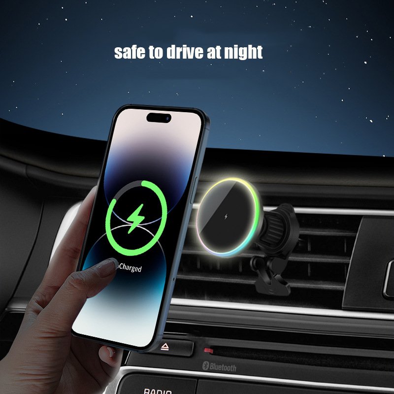 15W wireless charger magnet car phone holder air outlet clip 360 rotation charging phone mount with RGB light