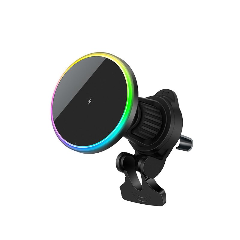 15W wireless charger magnet car phone holder air outlet clip 360 rotation charging phone mount with RGB light