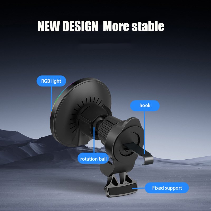 15W wireless charger magnet car phone holder air outlet clip 360 rotation charging phone mount with RGB light