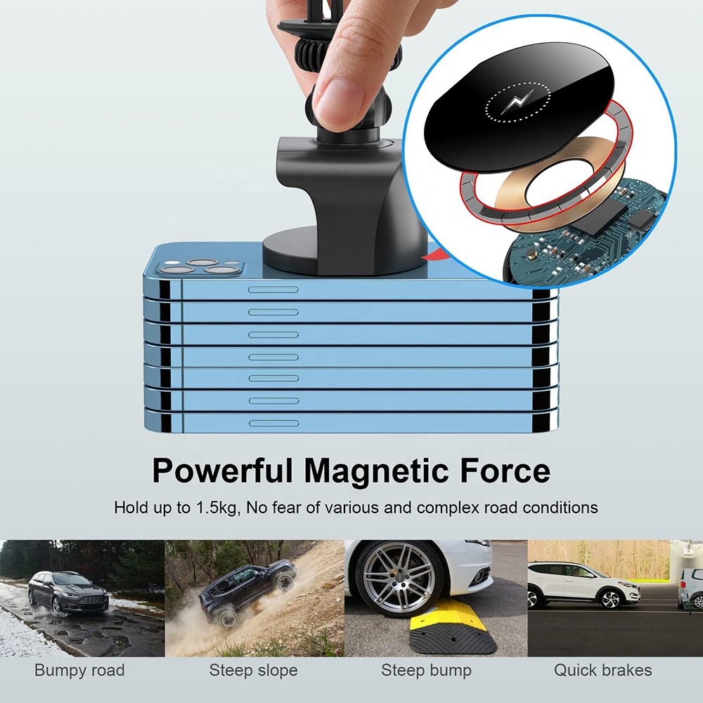Fast Magnetic Wireless Charger Car Phone Stand with Fast Charging for Windshield and Air Vent Portable Phone Holder Mount