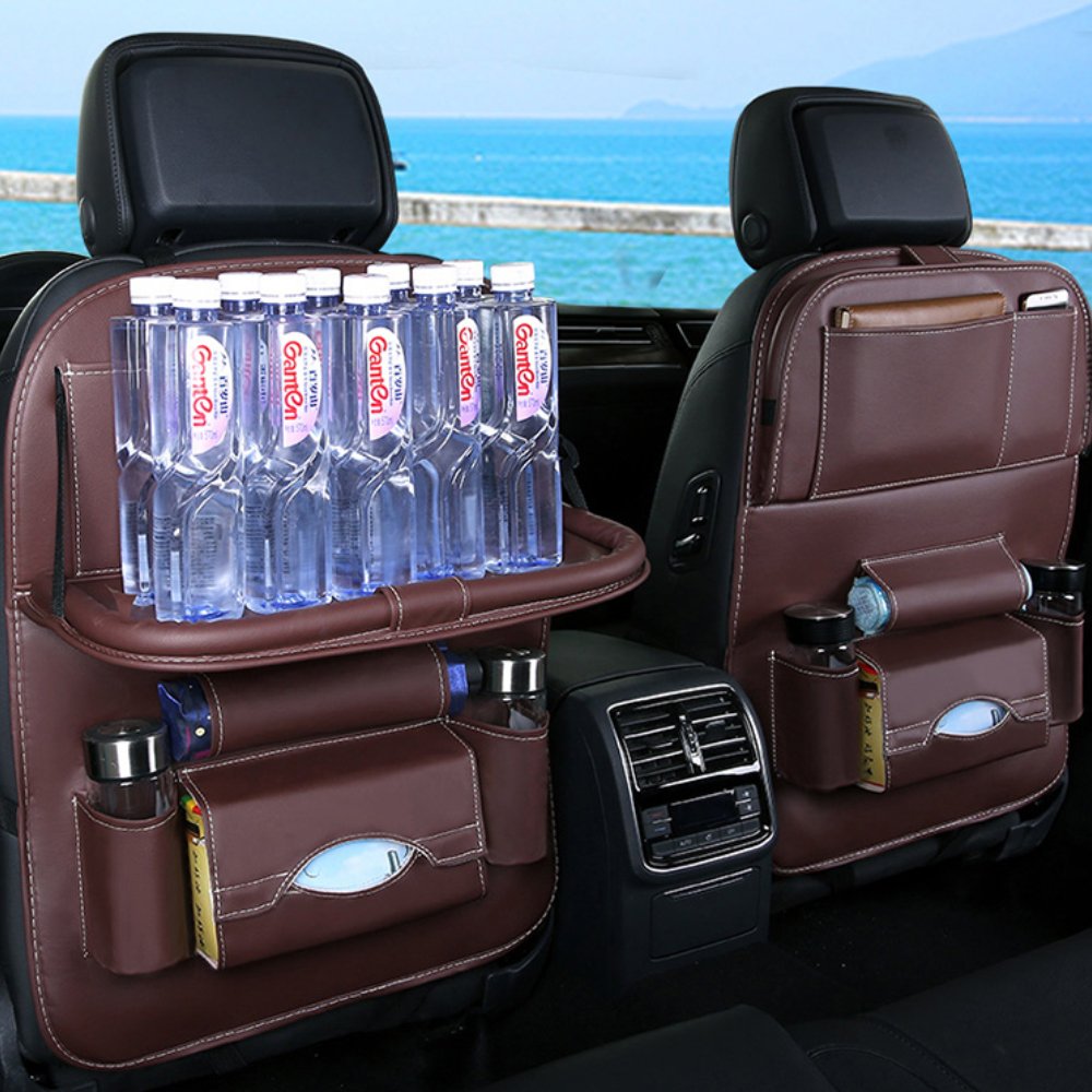 Multifunctional Umbrella Cup Holder Foldable Tray Dining Pad Computer Travel Table Leather Storage Bag Car Back Seat Organizer