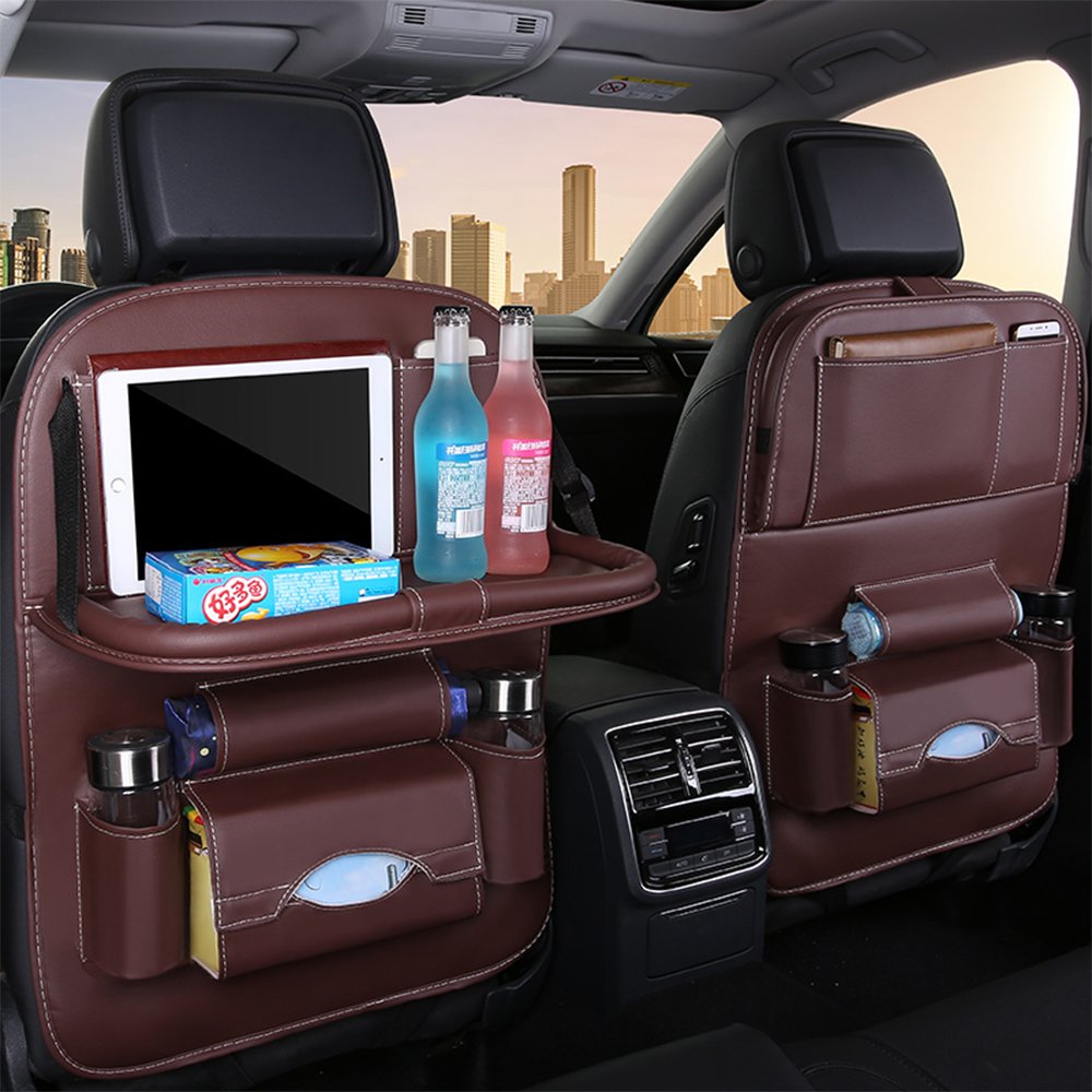 Multifunctional Umbrella Cup Holder Foldable Tray Dining Pad Computer Travel Table Leather Storage Bag Car Back Seat Organizer