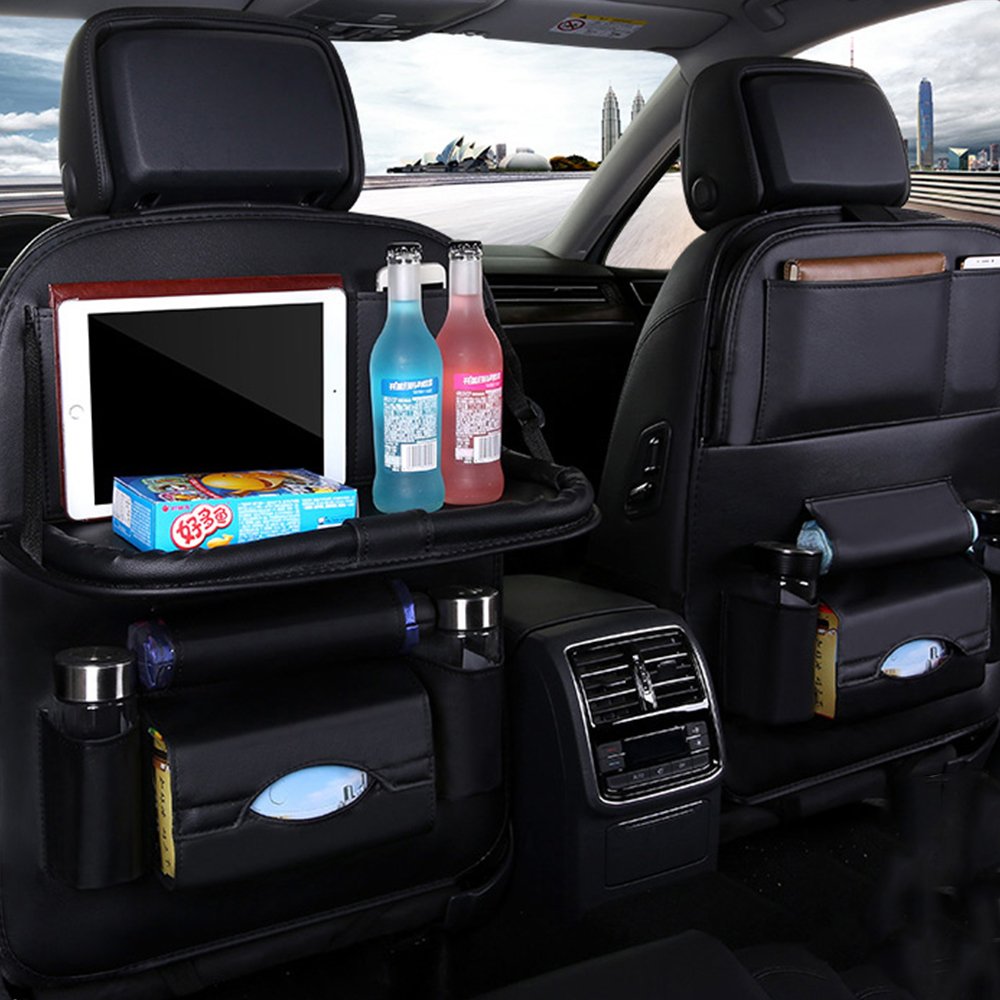 Multifunctional Umbrella Cup Holder Foldable Tray Dining Pad Computer Travel Table Leather Storage Bag Car Back Seat Organizer