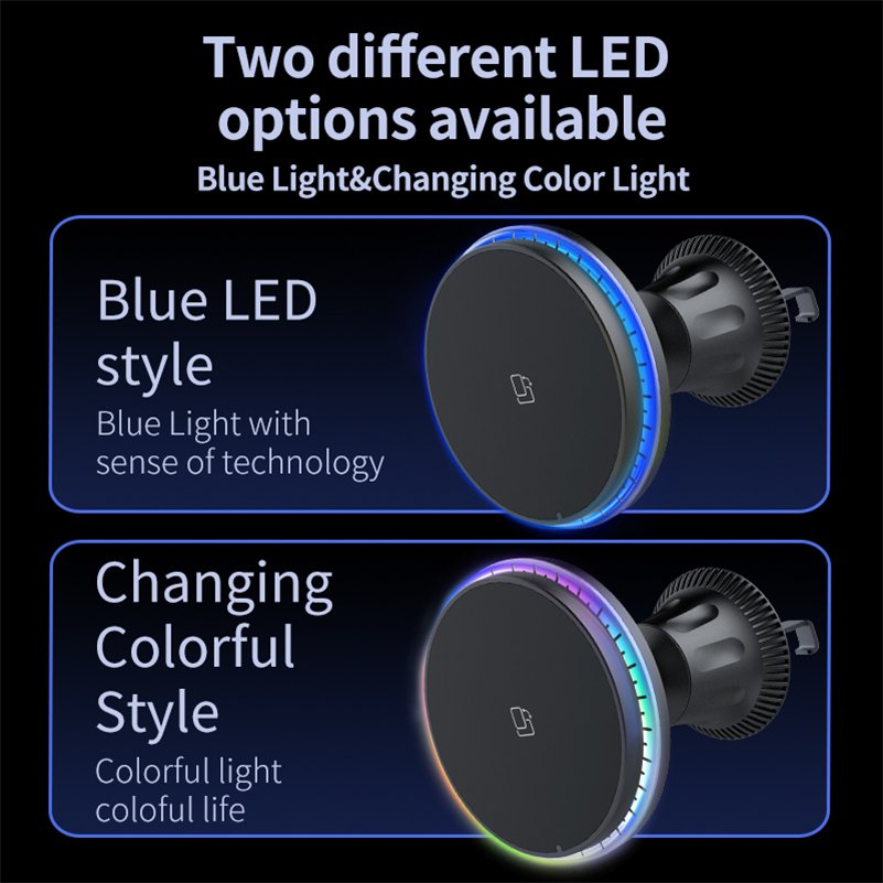 Premium Quality Portable New 360 Degree Car Mount Wireless 15W Led Light Universal Magnetic Car Phone Holder and Charger