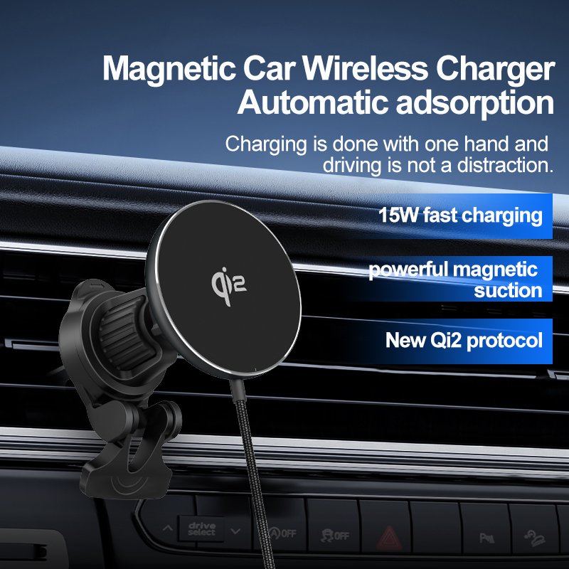 Q2 CE ROHS FCC certified USB C FAST Wireless Charger Aluminum Alloy 15W Magnetic Wireless Car Charger Holder Mount