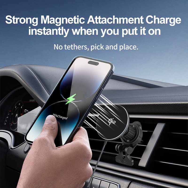 Q2 CE ROHS FCC certified USB C FAST Wireless Charger Aluminum Alloy 15W Magnetic Wireless Car Charger Holder Mount