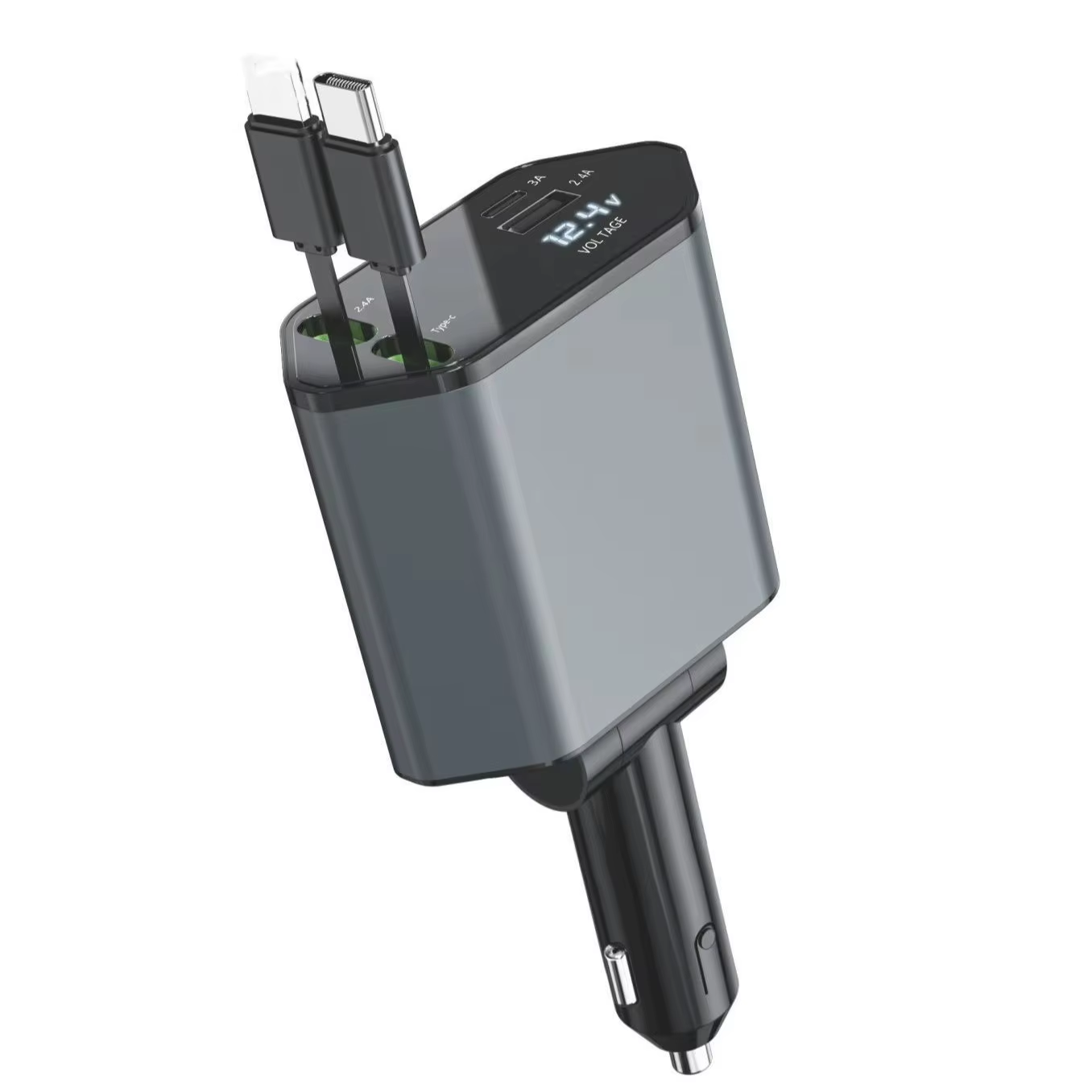 USB Type C Port 4 in 1 Retractable Quick power supply Adapter Super Fast Car Charger LED Digital Display 2 Charging Ports PD