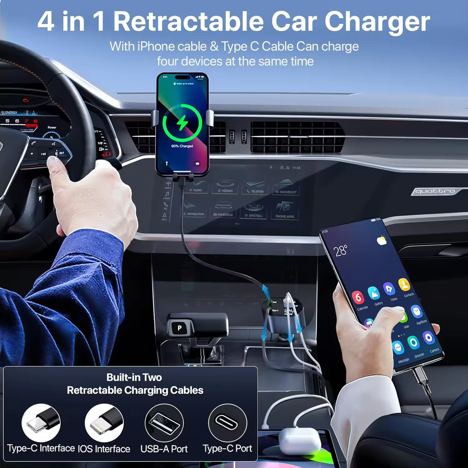 USB Type C Port 4 in 1 Retractable Quick power supply Adapter Super Fast Car Charger LED Digital Display 2 Charging Ports PD