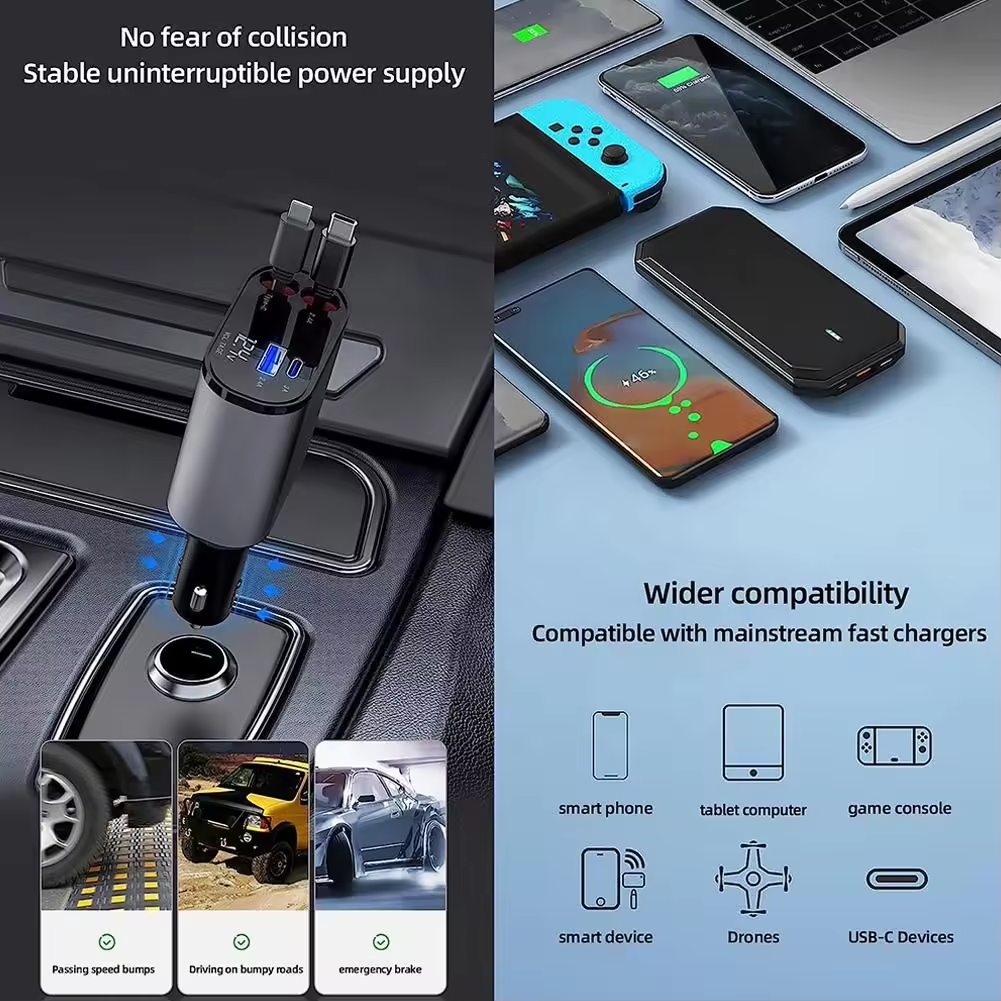 USB Type C Port 4 in 1 Retractable Quick power supply Adapter Super Fast Car Charger LED Digital Display 2 Charging Ports PD
