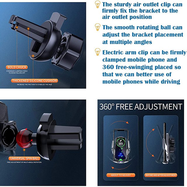 Wireless car charger mount 10W Fast Charge Auto Clamping Smart Sensor wireless charger car phone holder