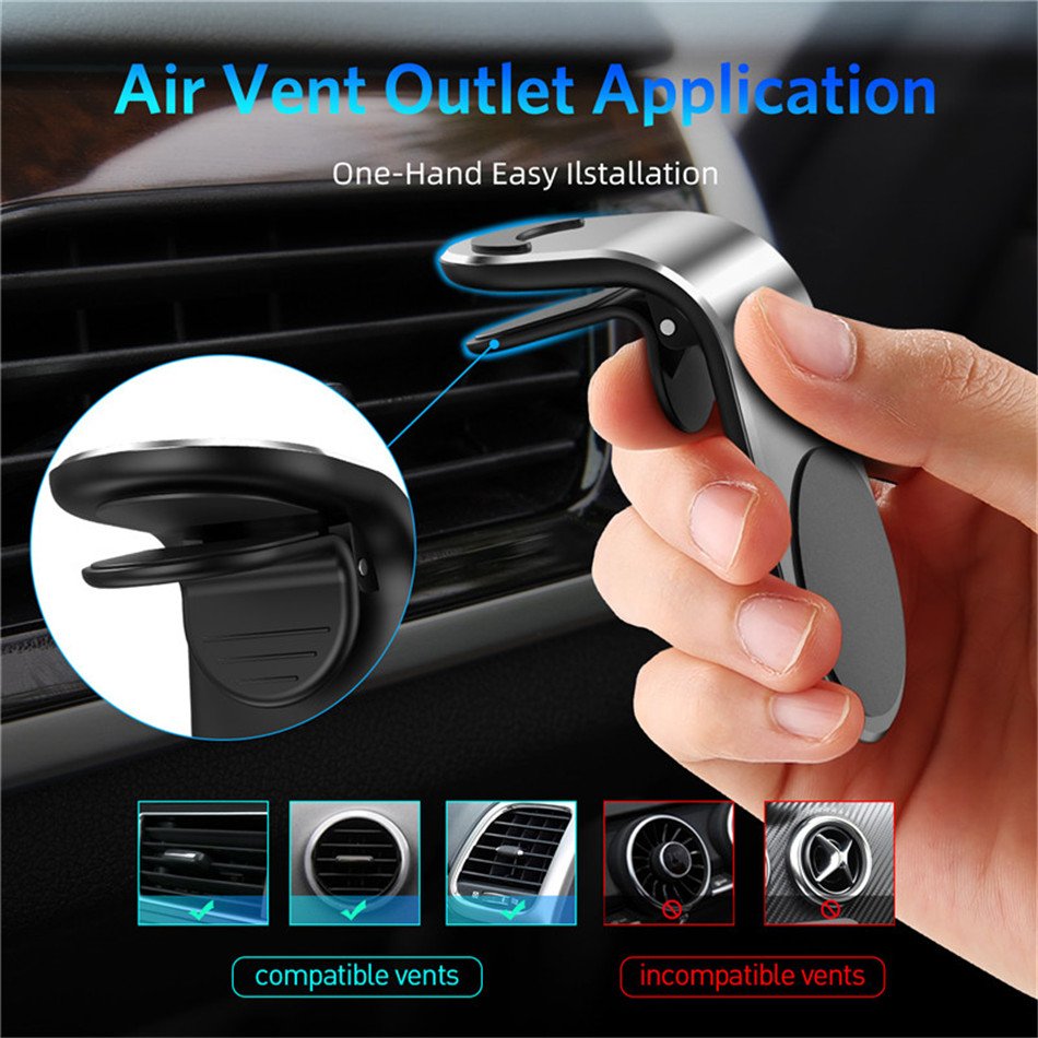 Portable L-Shape Air Vent Magnetic Phone & Tablet Holder 360 Degree Car Mount for Mobile Devices