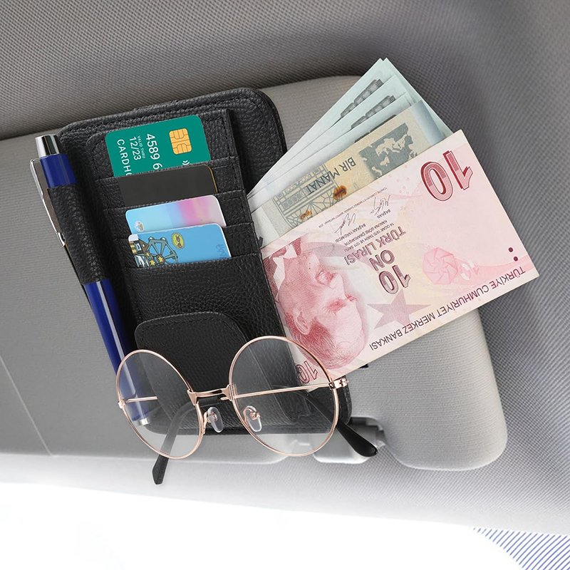 Car Sun Visor Organizer Multi Pockets Pu Leather Car Interior Sunshade Clip Organizer Storage Bag