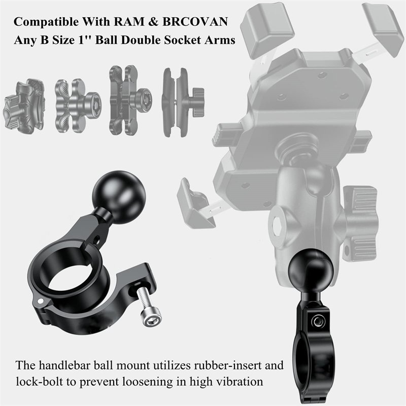 Aluminum Alloy Flexible Handlebar Mount Base Tube Clamp 17mm 25mm TPU Ball Compatible with RAM Mount B Size 1'' Ball Bracket