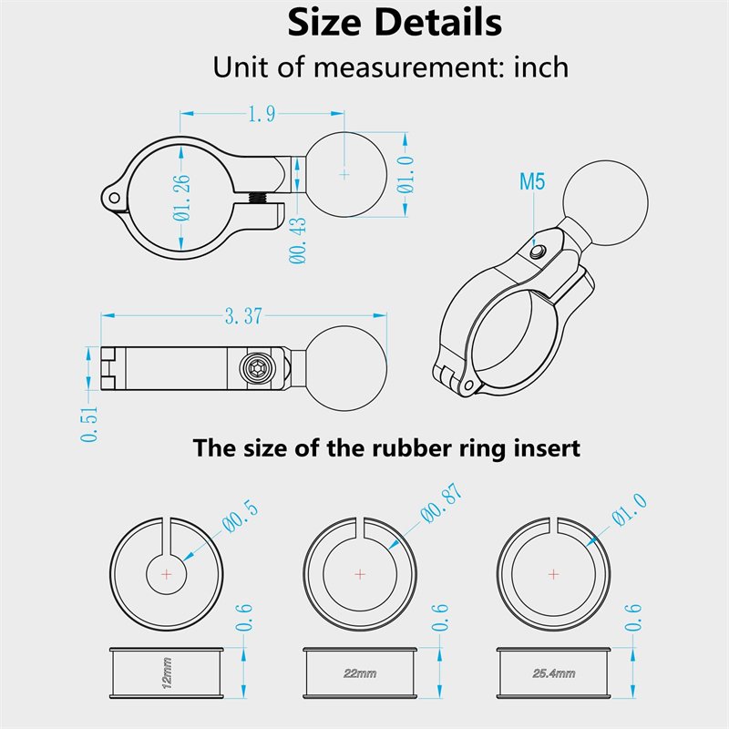 Aluminum Alloy Flexible Handlebar Mount Base Tube Clamp 17mm 25mm TPU Ball Compatible with RAM Mount B Size 1'' Ball Bracket