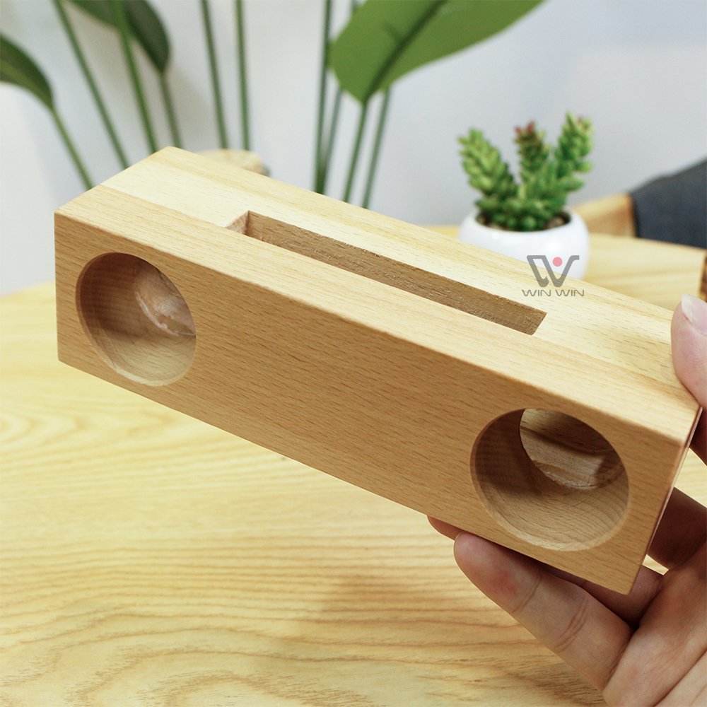 Natural Wood Wireless Loudspeaker Wooden Portable Double Bass Stand Hole Speakers Cellphone With Stand