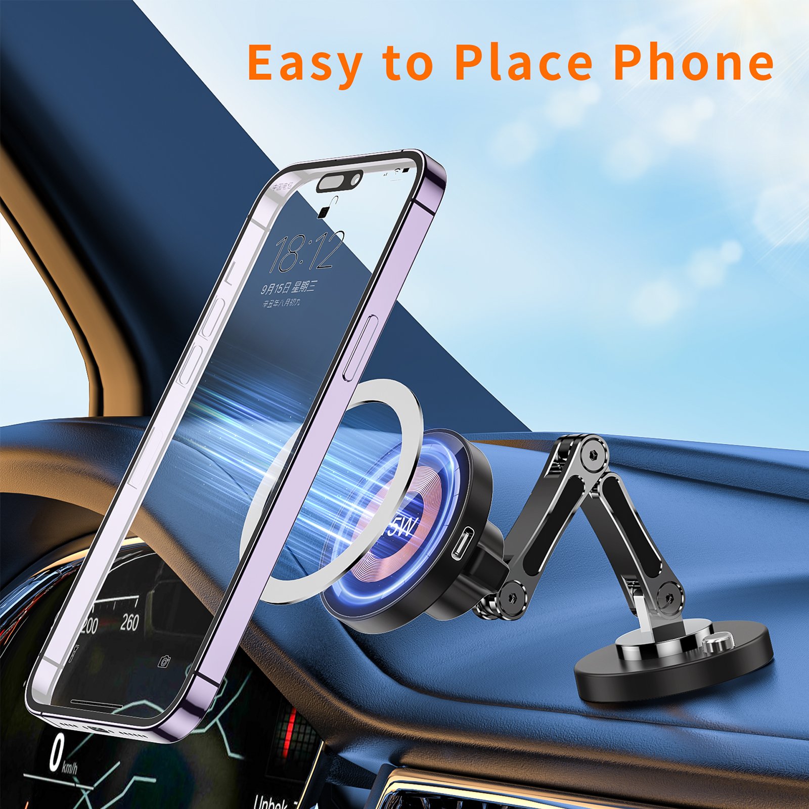 Mingcard Dashboard Support 360 Rotatable Adjustable Magnetic Wireless Charging Mount Stand 15W Fast Charging Magnet Car Holder