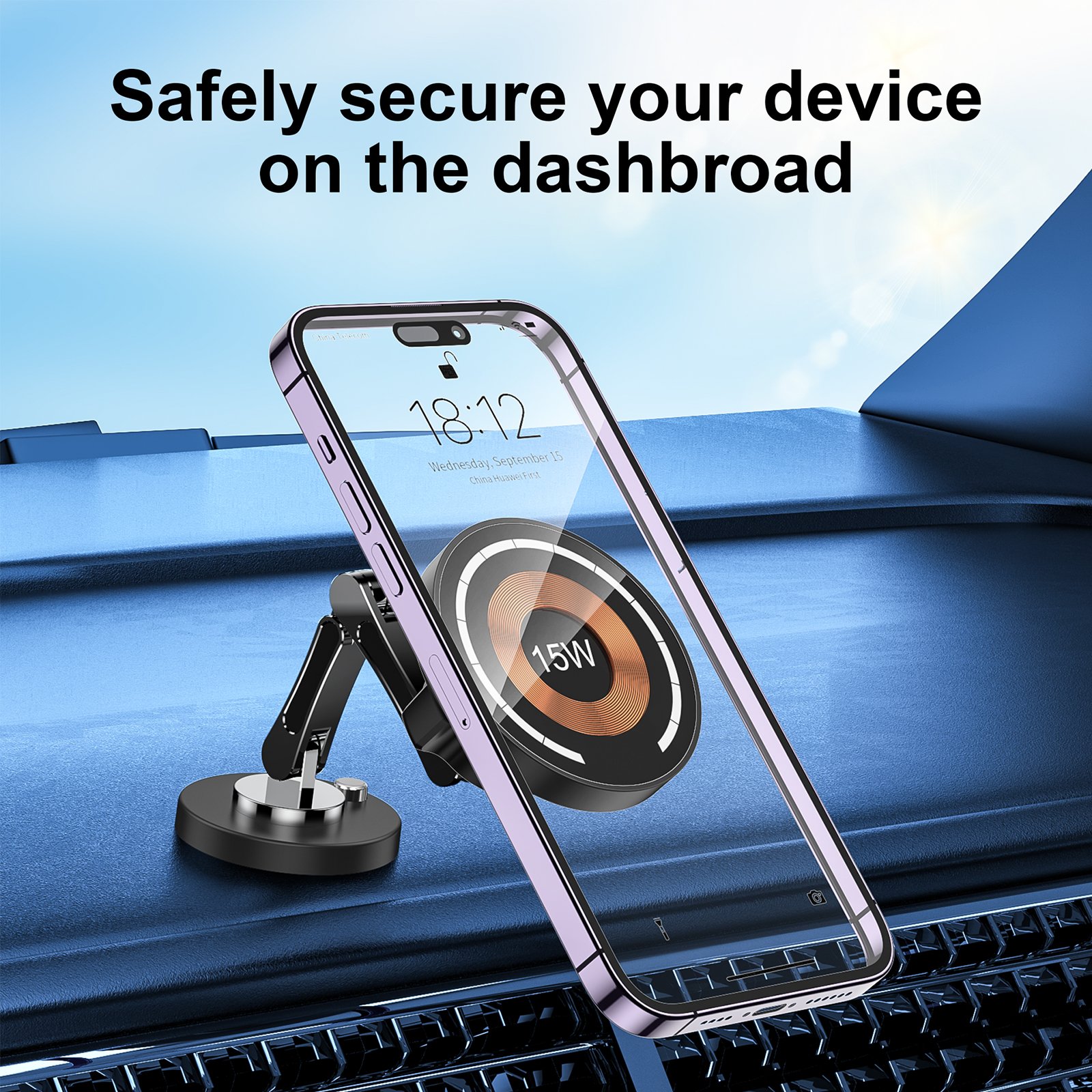 Mingcard Dashboard Support 360 Rotatable Adjustable Magnetic Wireless Charging Mount Stand 15W Fast Charging Magnet Car Holder