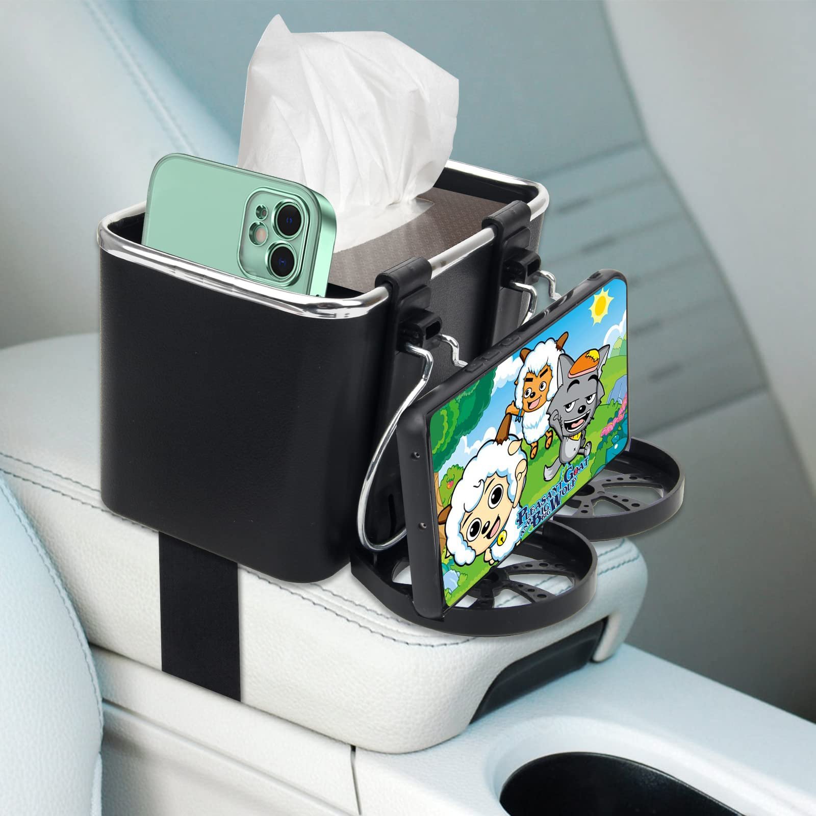 Car Armrest Storage Box for Water Cup Paper Towels Cellphones with Cup Holder Adjustable Strap Car Tissue Boxes Foldable