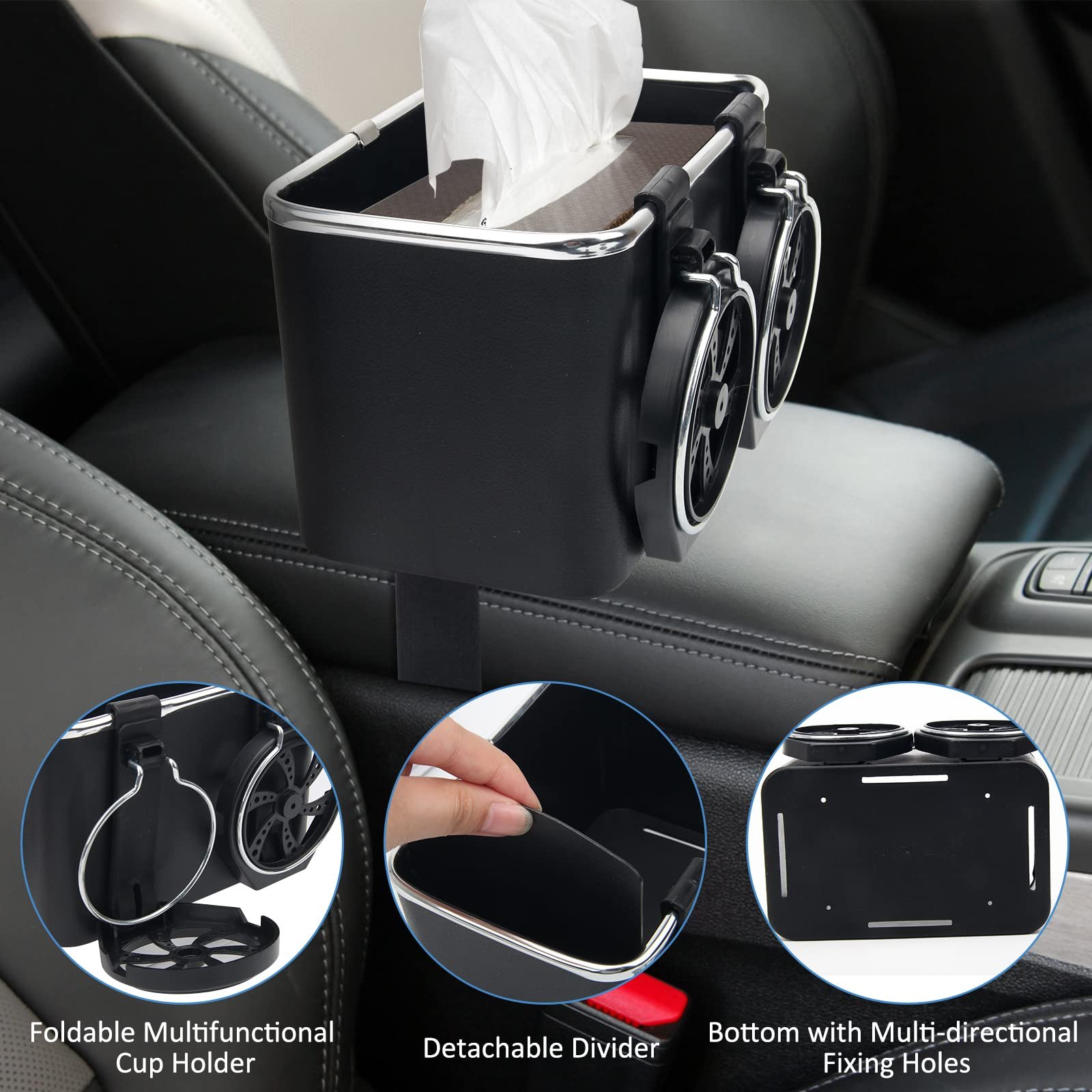 Car Armrest Storage Box for Water Cup Paper Towels Cellphones with Cup Holder Adjustable Strap Car Tissue Boxes Foldable