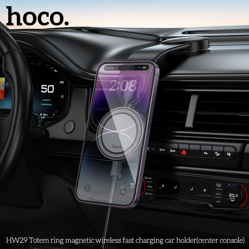 HOCO HW29 Hot Selling Magnetic Wireless Fast Charging Car Mobile Holder for IP12-15 15W Center Console Car Mount Phone Holder