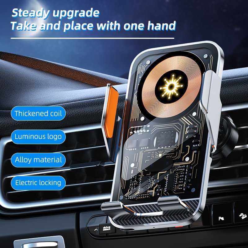 C10 Metal Car Charger 15W Wireless Fast Charging Transparent Glass Auto-Clamping Wireless Charger Auto Sensing Car Phone Holder